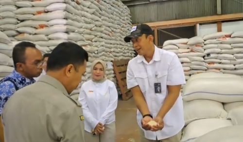 Direktur Utama Bulog Ahmad Rizal Ramdhani memeriksa tumpukan beras di gudang Kelapa Gading sebagai persiapan pengiriman bantuan ke Palestina.