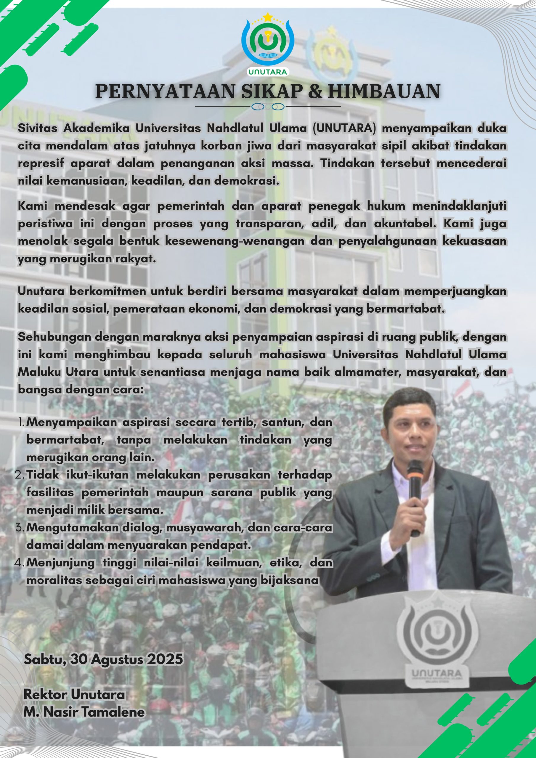 Pernyataan sikap Universitas Nahdlatul Ulama (Unutara) terkait tindakan represif aparat terhadap massa aksi.