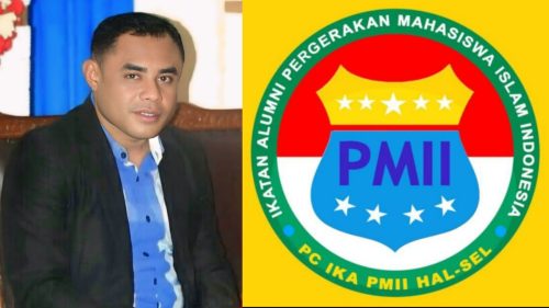Ady Hi Adam bersama logo Ikatan Keluarga Alumni PMII Halsel.