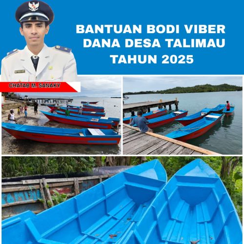 Kepala Desa Talimau, Chatab M. Sanaky, menyerahkan bantuan body fiber kepada nelayan sebagai wujud dukungan terhadap program Agromaritim di Desa Talimau.