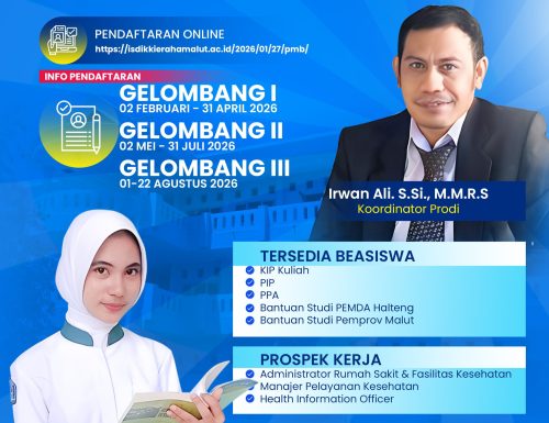 Poster penerimaan mahasiswa baru ISDIK Kie Raha Maluku Utara Program Studi Administrasi Kesehatan Tahun Akademik 2026/2027 dengan informasi jadwal pendaftaran, beasiswa, prospek kerja, serta menampilkan Koordinator Prodi dan mahasiswa.
