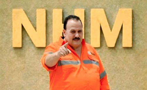 Haji Robert Nitiyudo Wachjo mengenakan seragam kerja berwarna oranye berdiri di depan logo NHM.