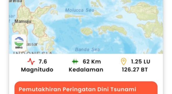Ilustrasi peta gempa bumi magnitudo 7,6 di wilayah Maluku Utara dan Sulawesi Utara berdasarkan data BMKG.