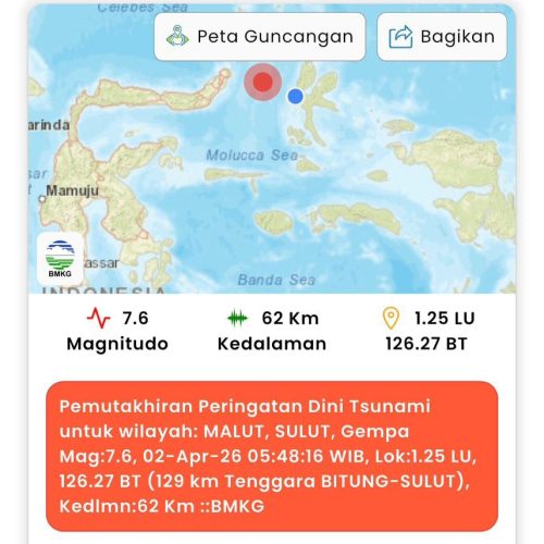 Ilustrasi peta gempa bumi magnitudo 7,6 di wilayah Maluku Utara dan Sulawesi Utara berdasarkan data BMKG.