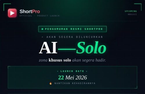 Poster pengumuman peluncuran AI—Solo dari ShortPro Indonesia dengan tema futuristik berwarna hitam dan hijau neon.